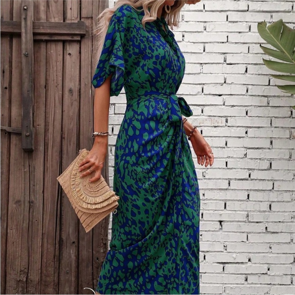Multicolor Boho Womens Allover Print Batwing Sleeve Belted Shirt Dress